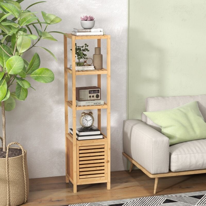 Maisonchic - Armoire de Rangement en Bambou Meuble de Salle de Bain de 140 cm de Haut Etagères Ouvertes à 4 Niveaux Porte à Persienne Naturel design