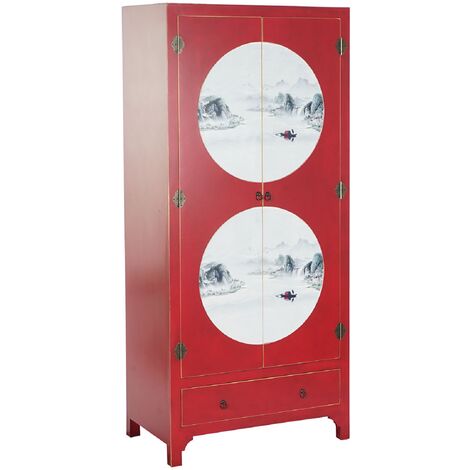 Armoire de rangement en bois de sapin /MDF coloris rouge - Longueur 85.5 x Profondeur 50.5 x Hauteur 186.2 cm -PEGANE-