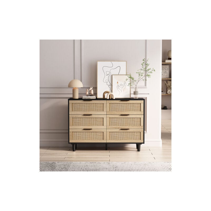 Armoire noir et couleur, meuble de rangement à 6 tiroirs en rotin, pour salon et chambre à coucher, 110x40x75 cm
