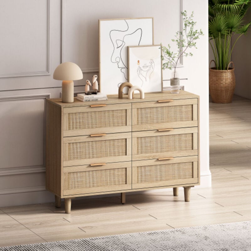 Armoire de rangement en rotin à 6 tiroirs, 110CM, tiroir en rotin, pour chambre à coucher, salon, naturel