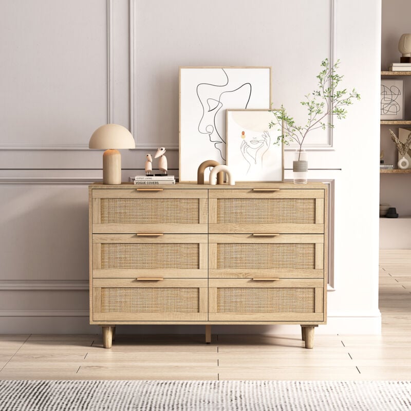 Redom - Armoire de rangement en rotin à 6 tiroirs, 110CM, tiroir en rotin, pour chambre à coucher, salon, naturel