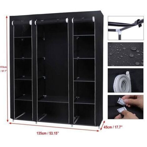 Armoire de Rangement en Tissu 12 Portes - 135 x 45 x 172 cm - Avec Tringle à Vêtements et Étagères - Pour Chambre, Dressing (Noir)