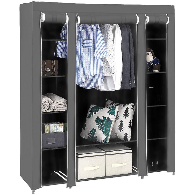 Skecten - Armoire de Rangement en Tissu non Tissé avec Compartiments et Tiges - Structure Métallique - l 134 x p 43 x h 172 cm - Gris