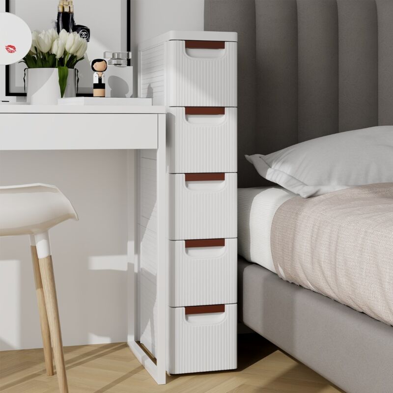 Armoire de Rangement Étroite pour Petits Espaces Conteneur en Plastique Unité Organisatrice Roulante à 5 Tiroirs avec Roues Intégrées Blanc