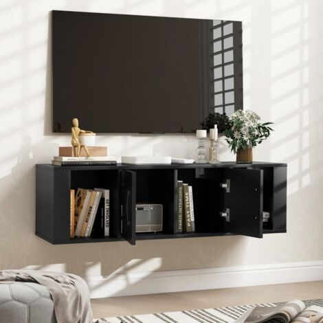 Armoire de Rangement Flottante à 2 Portes Bureau Suspendu Mural avec 2 Cubes Meuble de Console sous Télévision Noir