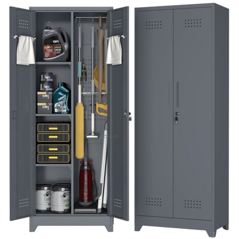 Armoire de rangement métallique 60x40x165 cm pour outils de nettoyage, portes verrouillables, étagères, tringle et crochets S - Gris