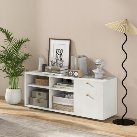 Armoire de Rangement Meuble d'Entrée 2 Tiroirs 4 Cubes Vitrine Basse Autoportante Blanc