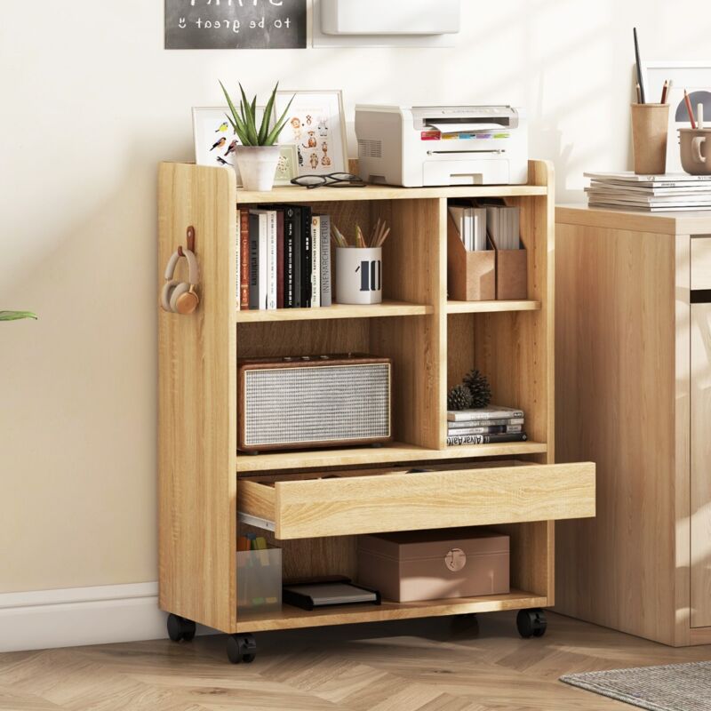 Design In - Armoire de Rangement Mobile avec Tiroir et Etagères Réglables Naturel CW83017