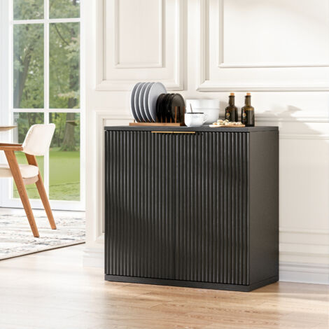 Armoire de rangement moderne à façade plissée et poignée métallique, buffet multifonction pour salon & chambre, décor bois clair naturel, noir, 60x30x70 cm