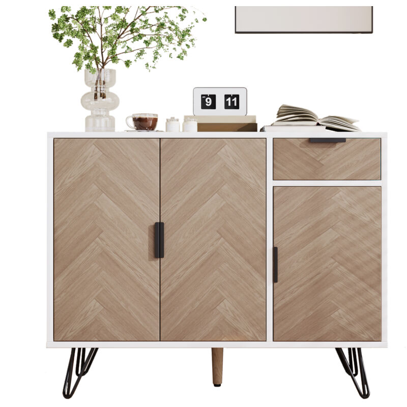 Armoire de rangement moderne, buffet aspect blanc et bois avec tiroir et étagères réglables en hauteur (90 x 30 x 71,5 cm)