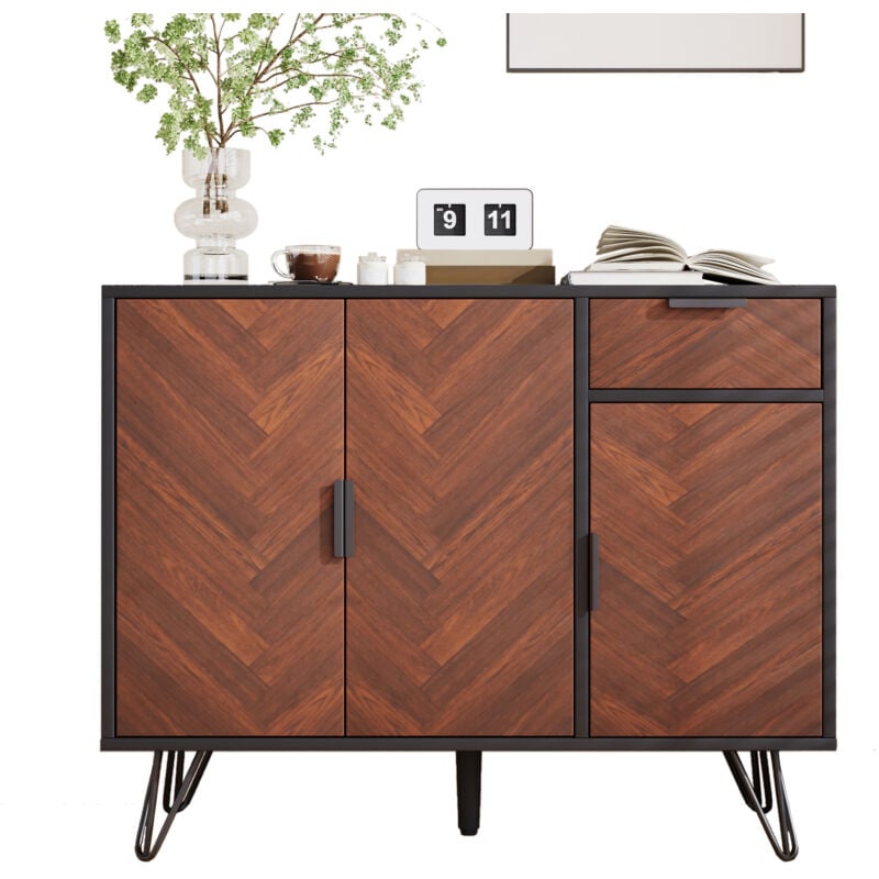 Meuble de rangement moderne, buffet aspect noir et bois avec tiroir et étagères réglables en hauteur (90 x 30 x 71,5 cm)