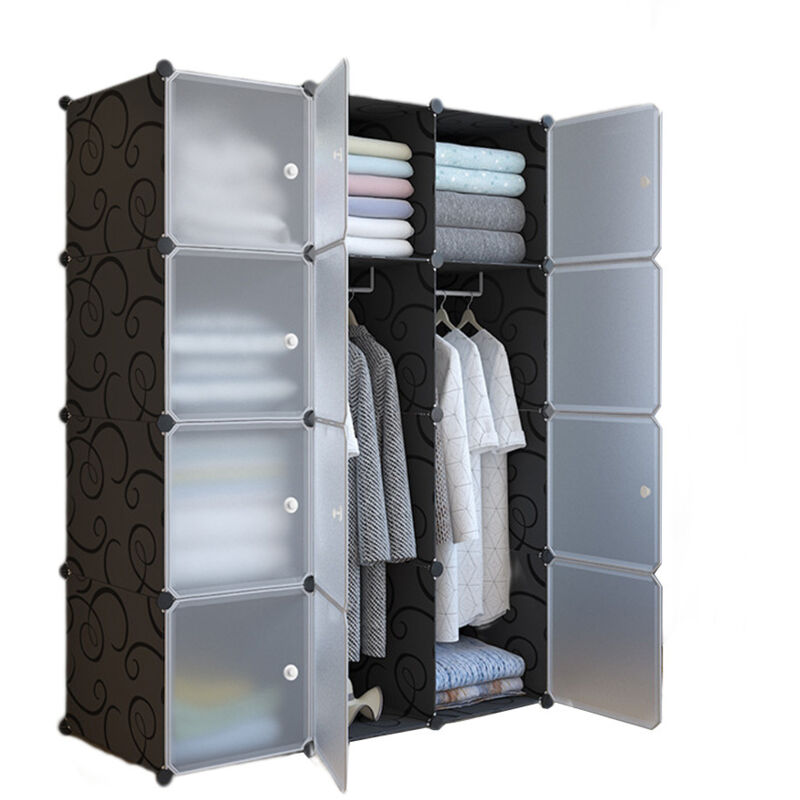 Armoire de Rangement Modulable, Étagère Rangement Plastique, Meuble Cube avec Portes, 12 Casiers, noir ,110x47x147CM