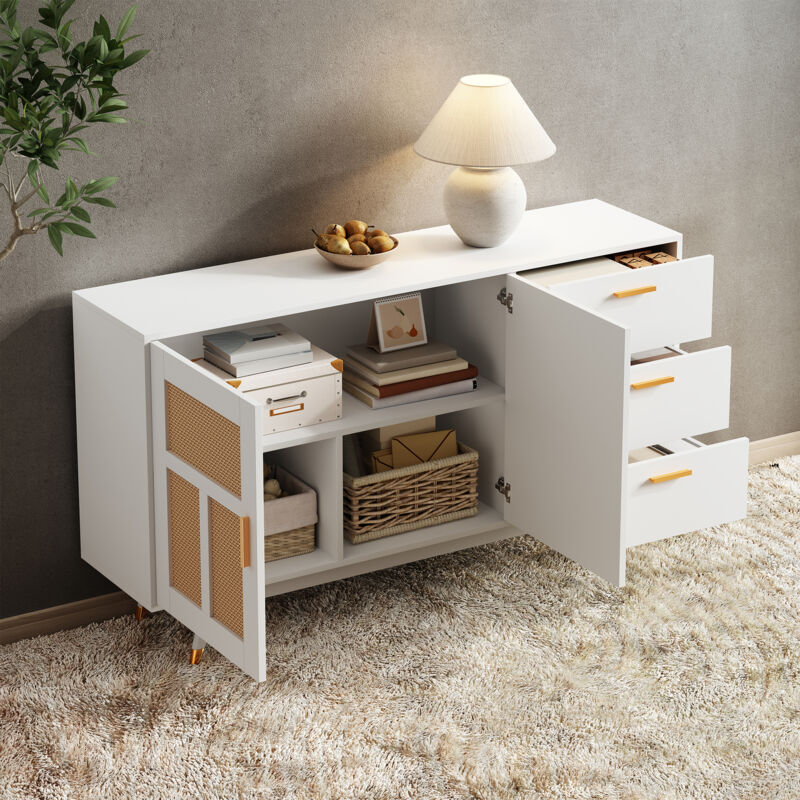 Armoire de rangement multifonctionnelle en rotin blanc décoratif moderne, 2 portes en rotin, 3 tiroirs, décoration dorée pour Buffet, 160x40x87cm