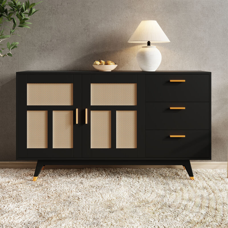 Armoire de rangement multifonctionnelle en rotin noir décoratif moderne, 2 portes en rotin, 3 tiroirs, décoration dorée pour Buffet, 160x40x87cm