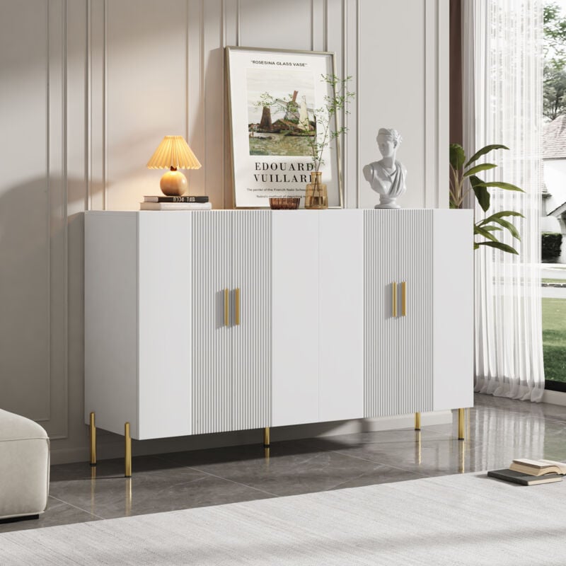 Okwish - Armoire de rangement multifonctionnelle moderne simple blanc mat 4 portes ouvertes et fermées armoire de salle à manger décoration dorée