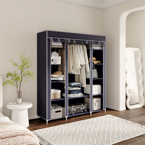 Armoire de Rangement Penderie, 150 x 45 x 175cm, 5 couches et 12 grilles, Armoire en Tissu, avec Barre de Suspension, Gris - Meerveil