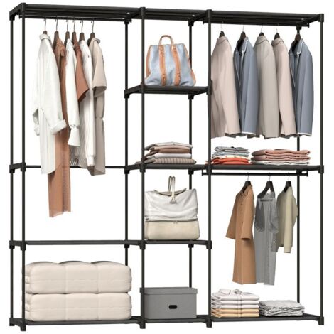 Armoire de rangement, penderie en tissu avec barre de suspension et étagères, 182 x 43 x 185 cm, noir