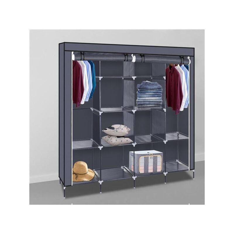 Lunsy - Armoire de rangement penderie pliable vêtements en tissu noir dressing,169.5 x 44 x 168.5/181.5cm,GRIS