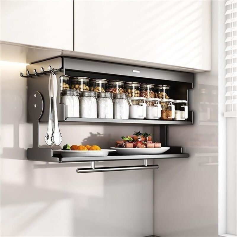Armoire de rangement pliable à double couche, armoire de rangement murale en acier carbone avec plateau de préparation des aliments, étagères