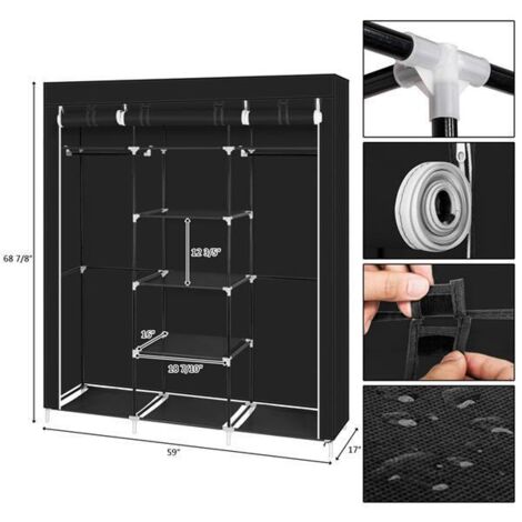 Armoire de rangement portable de 64 pouces – Portant à vêtements avec étagères – Noir