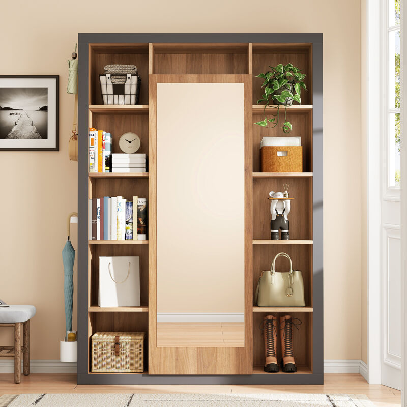 Armoire de rangement - Porte-manteau avec miroir, bibliothèque avec bac, crochets et cintres - 115x30x165cm - couleur bois