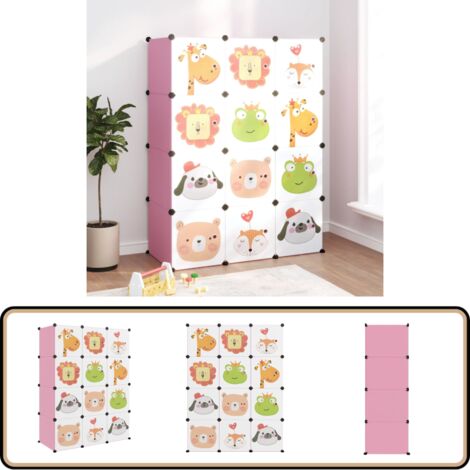 Armoire de rangement pour enfants avec 12 cubes Rose PP - Meuble Enfant - Rangements Enfants - Armoire Rangement - Étagère Enfant - Organiseur Jouets