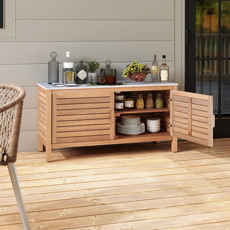 Armoire de Rangement pour Patio Conteneur de Rangement en Bois d'Acacia à 2 Portes avec Dessus Faux Marbre Buffet Extérieur Naturel