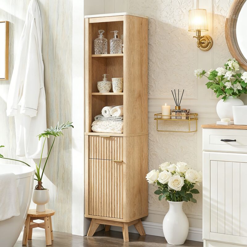 Armoire de rangement pour salle de bain 68" Haute Étroite, Armoire avec Étagère Réglable, Tiroir & Plateau Faux Marbre, Profil Courbé pour Salle de
