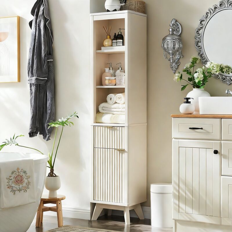 Armoire de rangement pour salle de bain 68" Haute Étroite, Armoire avec Étagère Réglable, Tiroir & Plateau Faux Marbre, Profil Courbé pour Salle de