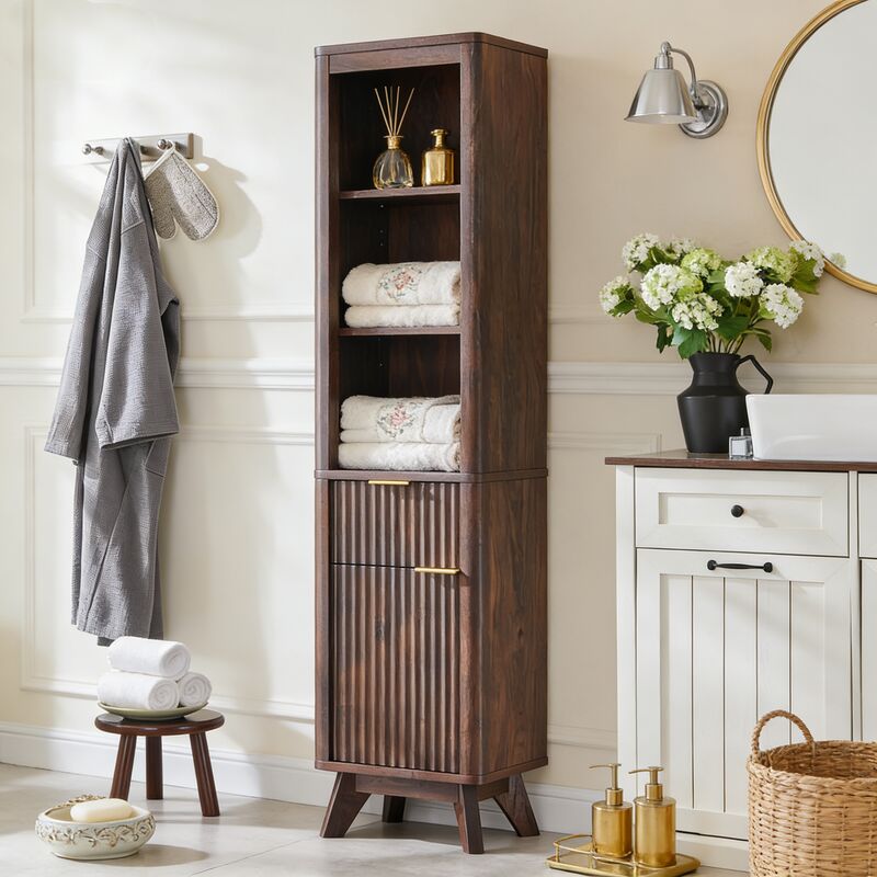 Armoire de rangement pour salle de bain 68" Haute Étroite, Armoire avec Étagère Réglable, Tiroir & Plateau Faux Marbre, Profil Courbé pour Salle de