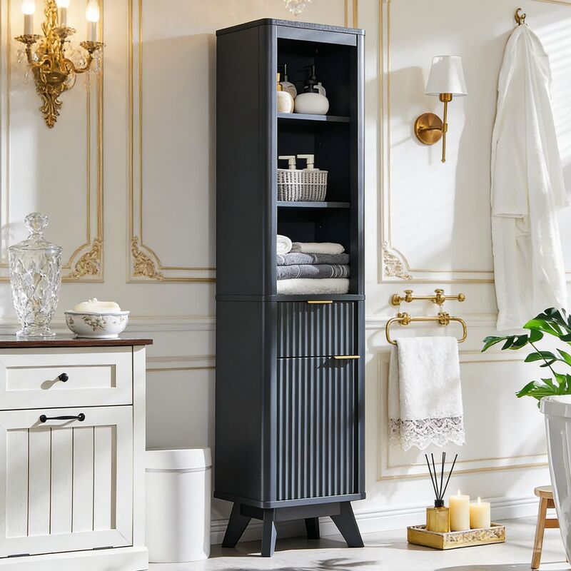Armoire de rangement pour salle de bain 68" Haute Étroite, Armoire avec Étagère Réglable, Tiroir & Plateau Faux Marbre, Profil Courbé pour Salle de