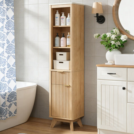 Armoire de rangement pour salle de bain 68" Haute Étroite, Armoire avec Étagère Réglable, Tiroir & Plateau Faux Marbre, Profil Courbé pour Salle de Bain, Salon & Cuisine - Panneau de Particules Chêne 