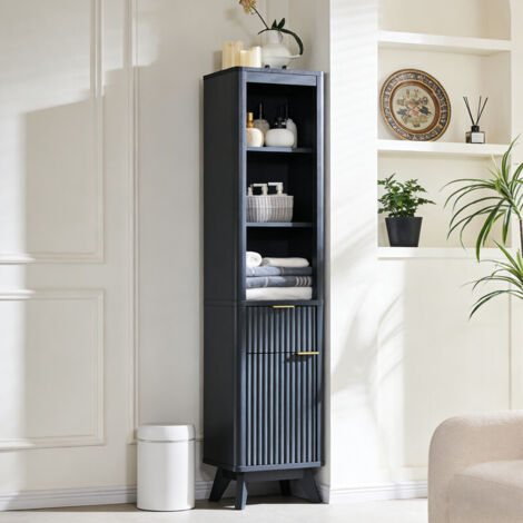 Armoire de rangement pour salle de bain 68" Haute Étroite, Armoire avec Étagère Réglable, Tiroir & Plateau Faux Marbre, Profil Courbé pour Salle de Bain, Salon & Cuisine - Panneau de Particules Gris F