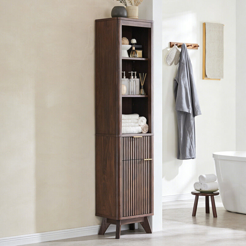 Armoire de rangement pour salle de bain 68" Haute Étroite, Armoire avec Étagère Réglable, Tiroir & Plateau Faux Marbre, Profil Courbé pour Salle de