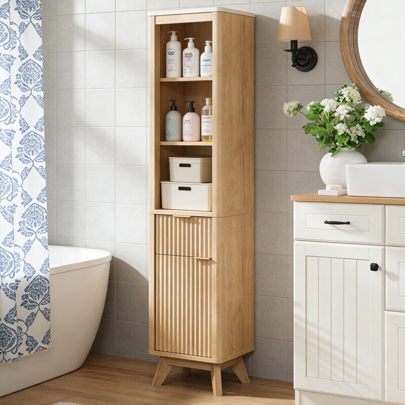 Armoire de rangement pour salle de bain 68" Haute Étroite, Armoire avec Étagère Réglable, Tiroir & Plateau Faux Marbre, Profil Courbé pour Salle de
