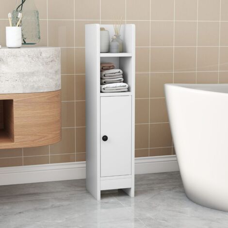 Armoire de Rangement pour Salle de Bain avec Porte et Étagères Réglables Support de Papier Toilette Étroit avec Étagère Réglable Blanc