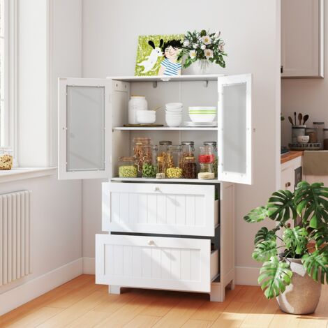 Armoire de Rangement pour Salle de Bain Placard Autoportant avec 2 Tiroirs & 2 Portes en Verre Givré Étagère Réglable 60 x 30 x 108 CM Blanc