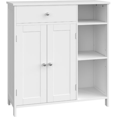 Armoire de Rangement Salle de Bain, avec Tiroir et 2 Portes, Meuble de Salle de Bain, 3 Compartiments, Étagères Réglables, Blanc