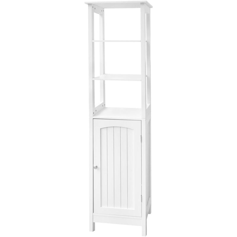 Meuble Haute Salle de Bain, Blanc, 40x160x32cm, en Bois mdf Mélaminée, avec 3 Compartiments Ouverts 1 Porte 2 Étagères, Armoire Étroite, Colonne