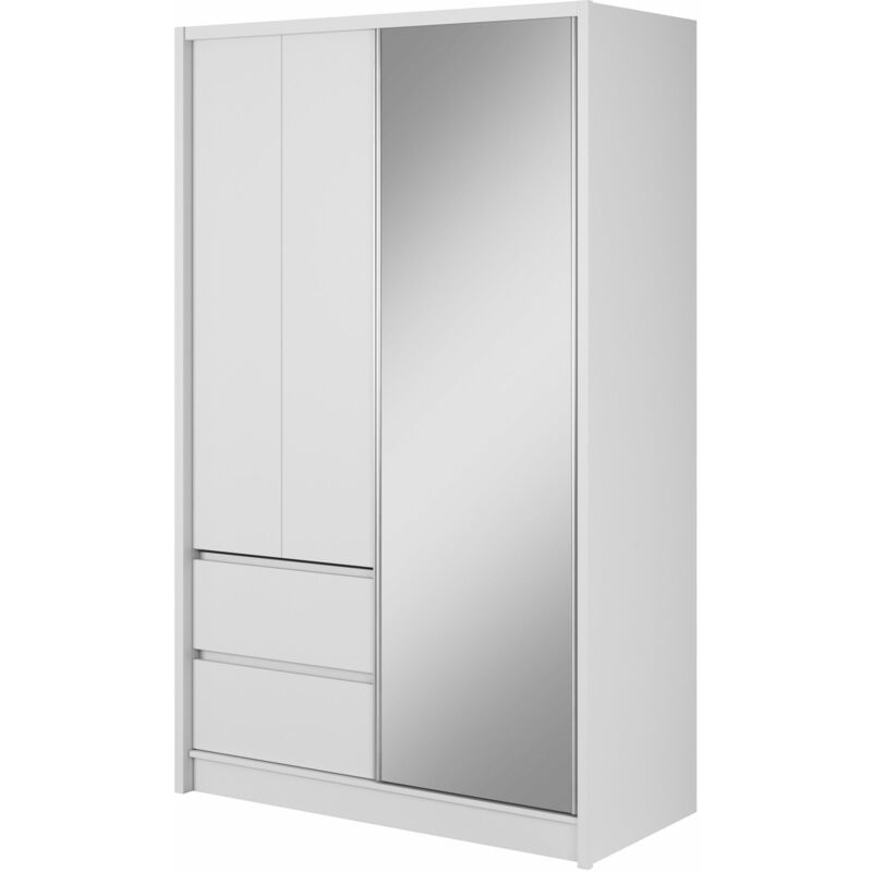 Bim Furniture - Armoire de rangement sara 134 cm Porte Coulissante Miroir 2 Tiroirs Blanc Mat