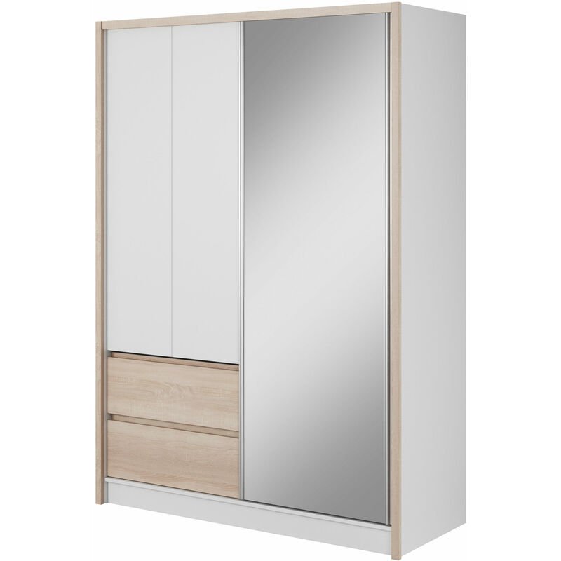 Armoire de rangement sara 154 cm Porte Coulissante Miroir 2 Tiroirs Blanc Mat / Chêne Sonoma