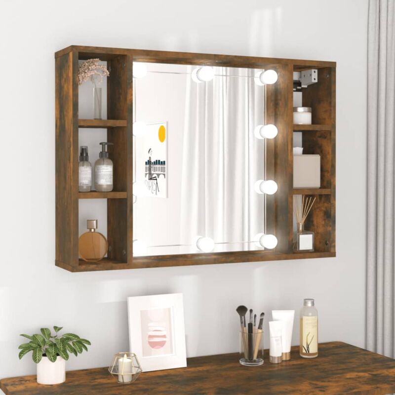 Design In - Armoire de rangement,Armoire à miroir avec led Chêne fumé 76x15x55 cm CFW57874
