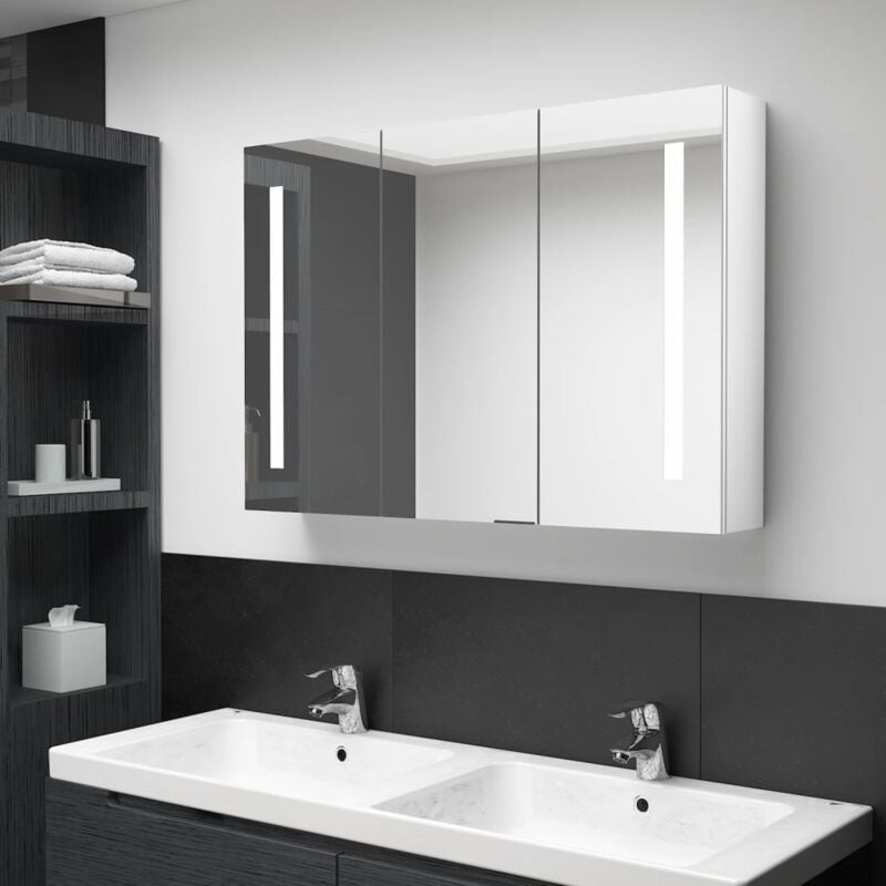 Design In - Armoire de rangement,Armoire de salle de bain à miroir led 89x14x62cm Blanc brillant CFW56012