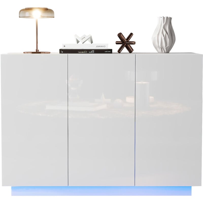 Buffet Armoire de salle à manger 120x40x75CM, éclairage LED sur pied, portes à tiroirs, blanc