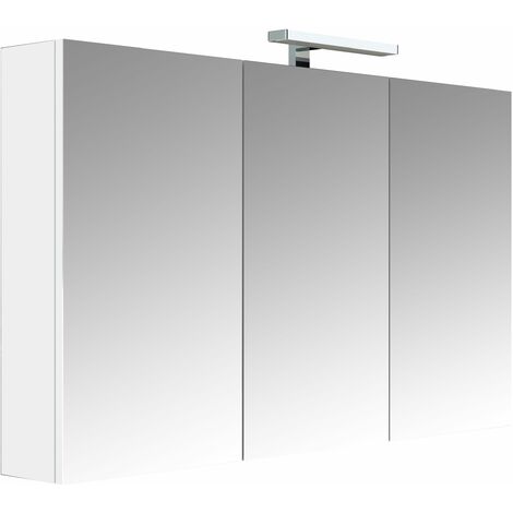 Armoire de salle de bain 120 cm avec éclairage LED et bloc prise JUNO 3 portes miroir triptyque blanc brillant - Allibert - Blanc