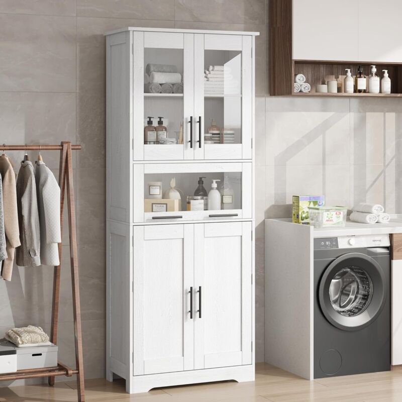 Armoire de salle de bain - 170 cm - Armoire haute avec portes et étagère réglable - Armoire étroite - 5 compartiments - Pour salle de bain, salon,
