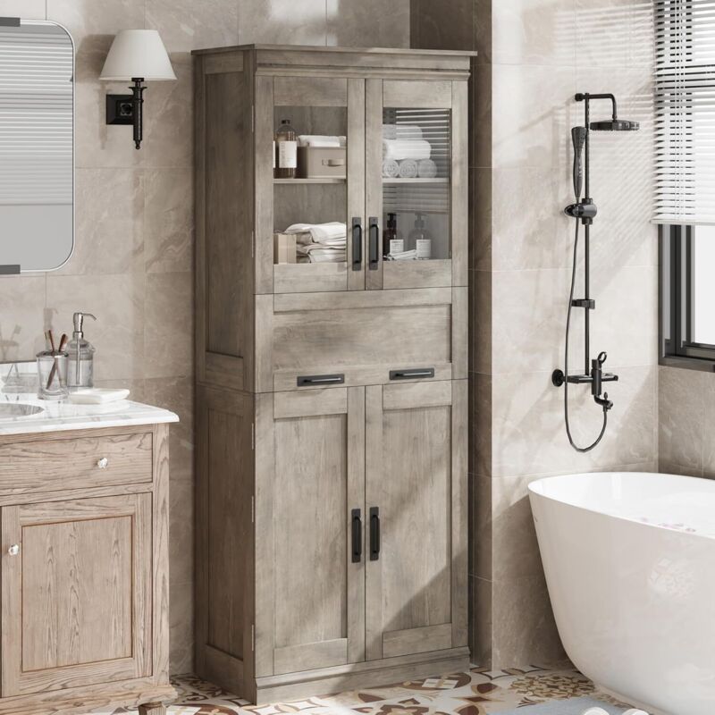 Armoire de salle de bain - 170 cm - Armoire haute avec portes et étagère réglable - Armoire étroite - Pour salle de bain, salon, cuisine -gris