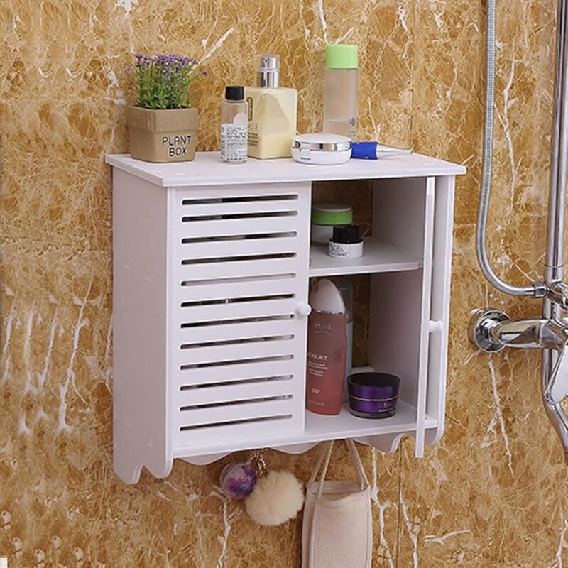 Senderpick - Armoire de salle de bain 2 compartiments Armoire de salle de bain murale avec portes et 3 crochets Blanc
