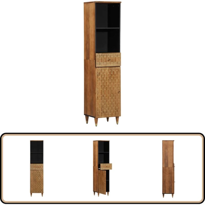 Armoire de salle de bain 38x33x160 cm bois massif de manguier - Meuble De Salle De Bain - Armoire De Toilette - Rangement Salle De Bain - Commode