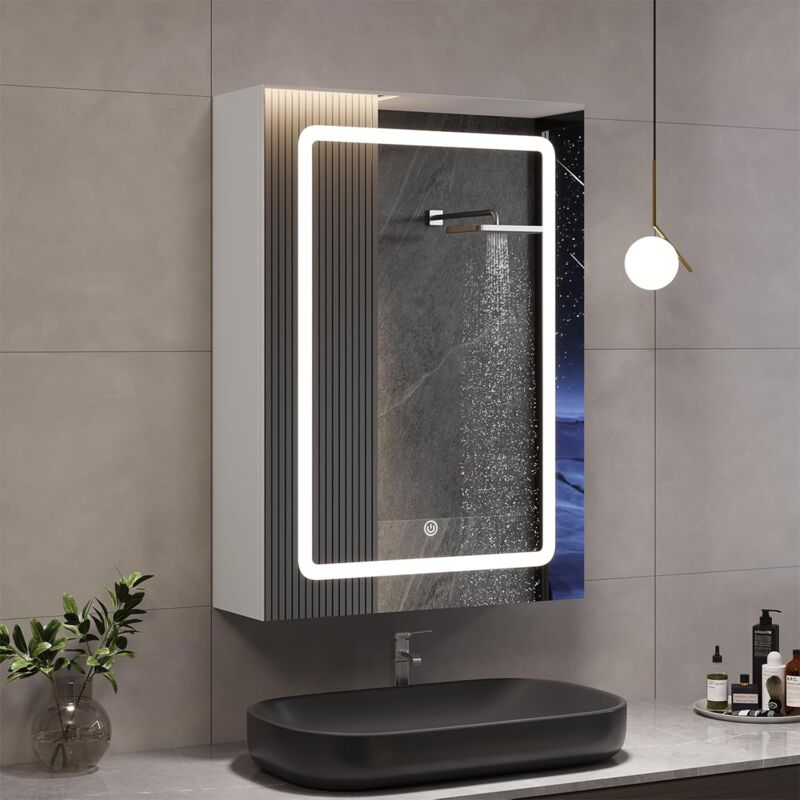 Armoire de salle de bain 70x50 cm, avec réglage de la luminosité sur trois niveaux, 2 étagères réglables, interrupteur tactile, armoire à miroir